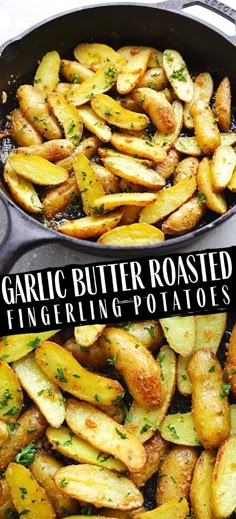 garlic butter roasted fingerling potatoes in a cast iron skillet with text overlay