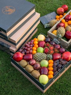 two boxes filled with assorted fruit sitting on top of green grass next to each other