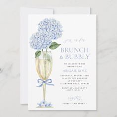 Blue Hydrangea Brunch and Bubbly Serif Champagne Invitation | Zazzle Brunch And Bubbly, Brunch Bubbly, Blue Bridal Shower, Bridal Luncheon, Hydrangea Not Blooming, Bay Wedding, Gold Champagne, Pink Hydrangea, Future Wedding Plans