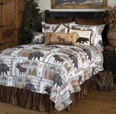 Introducing our Vintage Lodge Quilt Bedding Set - a timeless blend of rustic charm and classic elegance. Immerse yourself in the warmth and character of a cozy lodge with this meticulously crafted quilt ensemble. The quilt features a rich tapestry of earthy tones and vintage-inspired patterns, reminiscent of a bygone era. Each square tells a story, weaving together a nostalgic journey through the heart of nature and tradition. The warm hues of forest green, and rustic brown create a harmonious palette that brings the essence of the great outdoors into your bedroom. Transform your bedroom into a haven of comfort and style with the Vintage Lodge Quilt Bedding Set. Whether you're in a cabin in the woods or a city apartment, let the timeless appeal of this quilt transport you to a place where Cabin Style Bedroom, Rustic Quilts, Black Forest Decor, Forest Decor, Rustic Bedding, Cabin Style, Reversible Quilt, Quilt Set