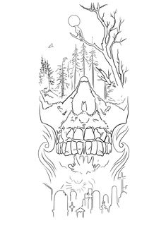 a drawing of a skull with trees in the background