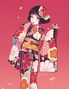 a woman in a kimono holding a bird