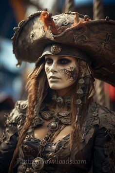 a woman dressed as a pirate with white face paint and long hair wearing a black hat