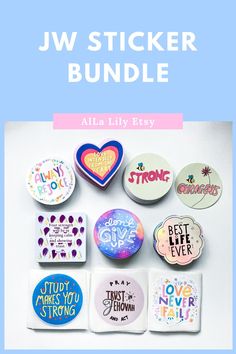 the jw sticker bundle includes buttons, magnets, and other decorative items