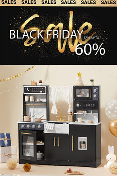 Tiny Land's Trendy Black Style Play Kitchen showcased in a warm, inviting play area, decorated with festive balloons and a 'Happy Birthday' topper, is part of a Black Friday sale with discounts up to 60%. Kitchen For Kids, Girls Princess Bedroom, Black Baby Girl Hairstyles, Friday Style, Wooden Play Food, Play Kitchens, Tea Party Setting, Kids Ministry, Play Kitchen Sets