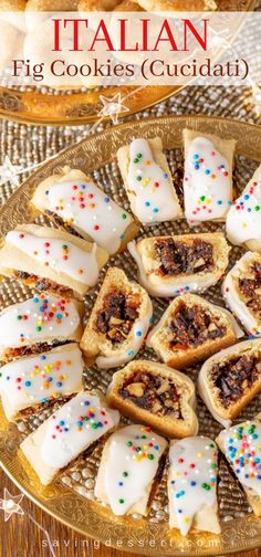 italian cookies with white icing and colorful sprinkles on a gold platter