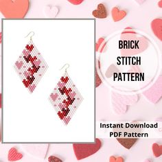 a pair of cross stitch earrings with hearts around it and the text, brick stitch pattern instant