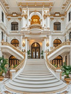 an ornate staircase in the middle of a large white building with gold trimmings