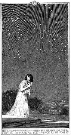 an illustration of a couple embracing under the stars in the night sky, vintage line drawing or engraving