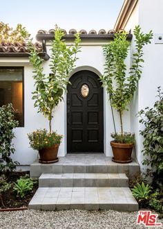 a black door and some potted plants on the side of a white house with steps leading up to it