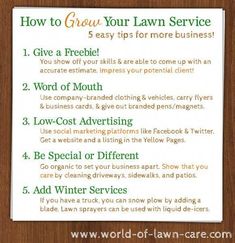 a sign with instructions on how to get your lawn service in 5 easy steps for more business