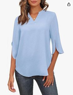 Olivia Mark - Womens Short Sleeve Chiffon Blouse: Loose-Fitting and Elegant Casual Top for a Sophisticated Look Loose Fit Sweater, Sophisticated Look, Elegant Casual, Light Blue Color, Chiffon Blouse, Casual Blouse, Casual Top, Types Of Collars, Casual Tops