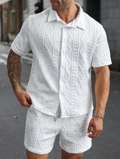 2pcs Plus Size Men's Solid Color Button Front Short Sleeve Shirt And Pocket Shorts Casual Suit White Casual    Plain  Slight Stretch  Men Plus Size Clothing, size features are:Bust: ,Length: ,Sleeve Length: Classy Jumpsuit Outfits, Classy Jumpsuit, Pocket Shorts, Men Plus Size, Slim Fit Top, Printed Sleeveless Top, Shorts Casual, Elegant Dresses Long, Dark Jeans