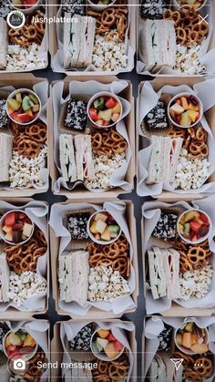 many different trays filled with food on top of each other