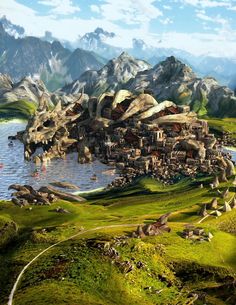 an artist's rendering of a fantasy village in the middle of a mountain range