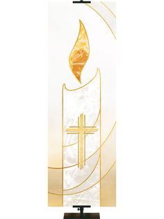 the cross is on top of a tall glass banner with gold lines and swirls