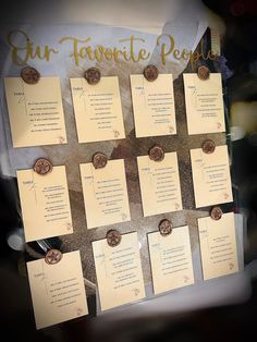 a table that has some paper on it with gold lettering and buttons attached to it