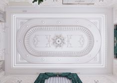 an overhead view of a room with white walls and green drapes on the ceiling