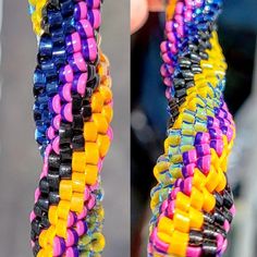 two pictures of colorful bracelets hanging from a hook on a street side pole, one is multicolored and the other has black beads