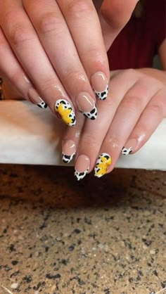 Cow Spring Nails, Cow Sunflower Nails, Yellow Western Nails, Cow Print And Flower Nails, Cowprint Sunflower Nails, Western Sunflower Nails, Sunflower And Cow Nails, Sunflower Cow Print Nails, Spring Cow Print Nails