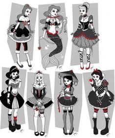 some very pretty ladies in different outfits and hair styles, all dressed up for halloween