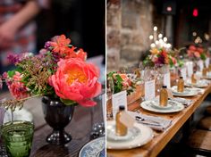 there are many plates and vases on the table with flowers in them at this wedding reception