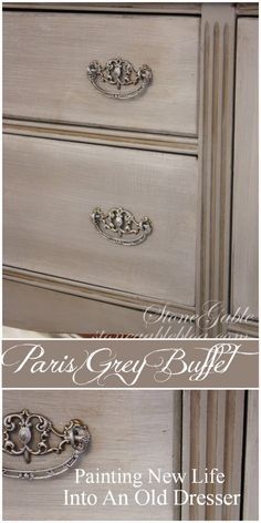 an old dresser has been painted white with silver paint and the words paris grey buffet on it