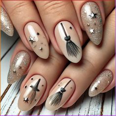 Unleash your inner witch with these captivating witchy nail art designs! From moon phases to pentacles, discover simple, easy, and DIY nail styles that elevate your mystical look. Perfect for any s… Witches Nail Art, Witchy Inspired Nails, Witch Design Nails, Salem Witch Nails, Fall Witchy Nails, Practical Magic Nails, Autumn Halloween Nails, Easy Spooky Nails, Line Nails Design