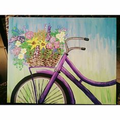 a painting of a purple bicycle with flowers in the basket