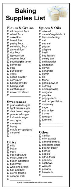 the baking supplies list is shown in black and white