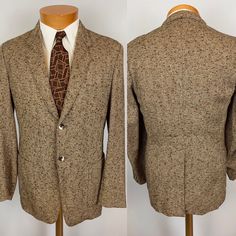 "Men's Vintage 70s Does 30s Style Banded Back Brown Tweed Sports Coat  2-button  Center vent Banded back Patch pockets  2-button cuff Fully lined  Great condition.  No size label. Estimated size 39 Measurements  20\" across the chest  17-1/2\" shoulder to shoulder  25-1/2\" outer sleeve length  34\" from collar fold to hem" Brown Tweed Jacket With Button Closure For Semi-formal Occasions, Semi-formal Brown Tweed Jacket With Button Closure, Fitted Tweed Sport Coat For Semi-formal Occasions, Fitted Brown Tweed Jacket With Single Button, Brown Fitted Tweed Jacket With Single Button, Fitted Brown Single Button Tweed Jacket, Brown Single Button Fitted Tweed Jacket, Retro Tailored Tweed Blazer, Tailored Retro Tweed Blazer