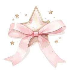 a watercolor drawing of a pink bow with gold stars on the top and bottom