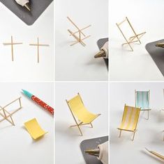 several pictures of different types of chairs and sticks