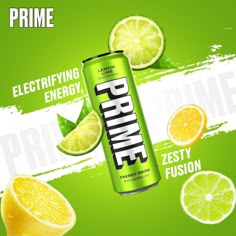 a can of prince energy drink surrounded by sliced lemons and lime leaves on a green background