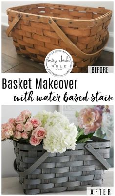 a basket that has flowers in it and the words, basket makeover with water based stain