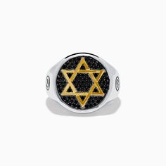 Effy Men's 925 Sterling Silver and Gold Plated Black Spinel Star of David Ring Symbolic Black Star Of David Jewelry, Luxury Sterling Silver Star Of David Jewelry, Luxury Silver Star-shaped Ring, Luxury Silver Star Of David Jewelry, David Ring, Effy Jewelry, Black Spinel, Star Of David, Silver And Gold