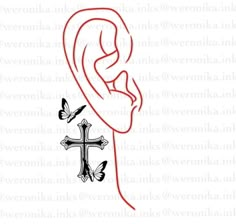 an ear with a cross on it and two birds flying around the area, in red ink