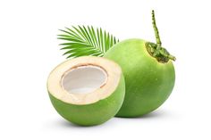 two green coconuts with one cut in half and the other half open, on a white background