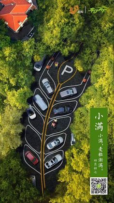 an aerial view of several cars parked in a parking lot with trees and buildings behind them