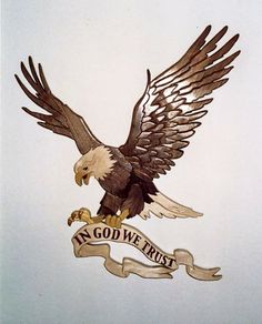 an eagle with banner and scroll on white paper background, in god's trust