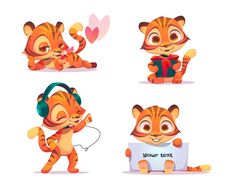 cartoon tiger character with headphones and gift box, set of four different poses on white background