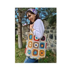 I crochet grandmother's sunflower knitted bags for you. This wonderful crochet bag is the perfect accessory for your summer and winter outfit. Summer is so close and the sun is shining everywhere, it's time for summer fashion :) -This wonderful crochet bag is the perfect accessory for your summer winter outfit. -Soft and bright colors in adorable granny square shape. -It has linen and button. -The crochet bag has enough space for all your belongings :) -Entirely handmade crochet by me after my o Cream Rectangular Crochet Bag, Knitted Rectangular Shoulder Bag, Rectangular Knitted Shoulder Bag, Cream Crochet Rectangular Shoulder Bag, Beige Rectangular Crochet Bag With Granny Square, Rectangular Crochet Bag In Beige With Granny Square, Rectangular Beige Crochet Bag With Granny Square, Cream Crochet Square Bag, White Bohemian Crochet Bag Hand-knitted