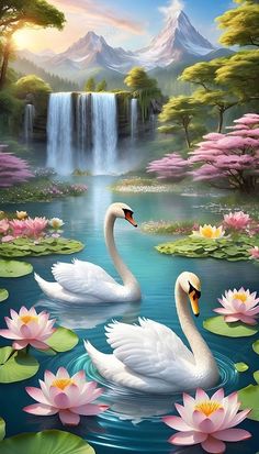 two white swans floating on top of a lake