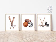 three framed pictures of sports equipment on a wall in a room with wood flooring