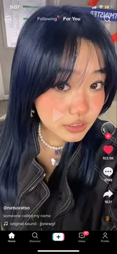 Blue Hair On Asian, Asian Dark Blue Hair, Dark Denim Blue Hair, Midnight Blue Hair Aesthetic, Blue Hair Olive Skin, Blue Hair On Tan Skin, Dark Blue Hair On Brown Skin