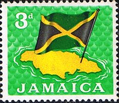 jamaica postage stamp with the flag and map