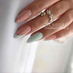 Half French Tip Nails Half Solid, Nail Ideas Wedding Guest, Mint Nails Design, Mint Green Nails, Mint Nails, Beige Nails, Almond Nails Designs, Gel Nail Designs