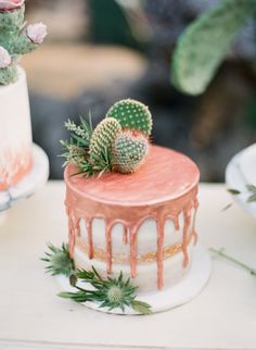 a cake with pink icing and a cactus on top is sitting on a table