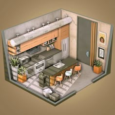 an aerial view of a kitchen and living room in a house or office area with plants on the counter