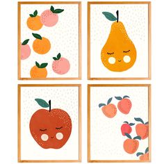 four framed pictures with apples, oranges and pears on them in different frames